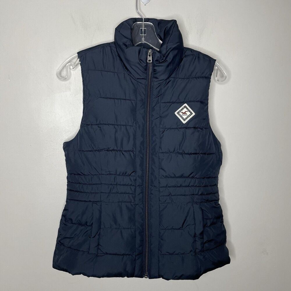 HOLLISTER Puffer Vest Women Small Sherpa Lined Full Zip Quilted Navy Blue Logo